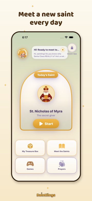 App screen: Today's Saint — St. Nicholas of Myra, with Start button