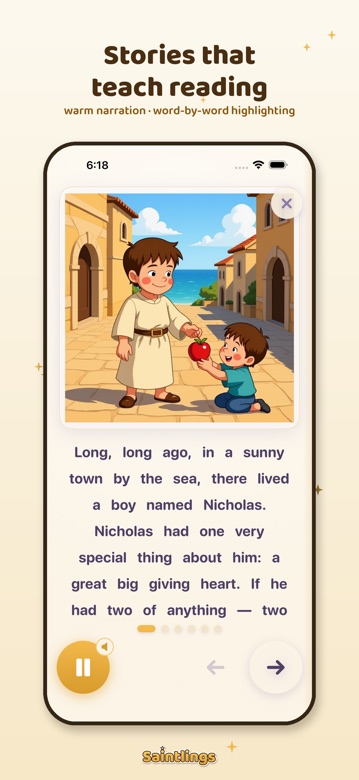 App screen: a narrated storybook page with word-by-word highlighting
