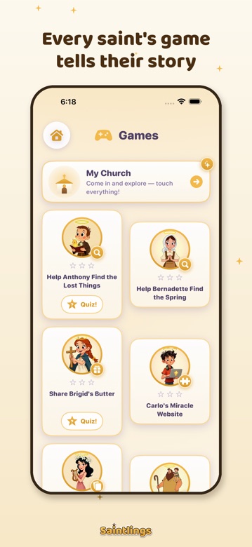 App screen: gentle mini-games drawn from each saint's story