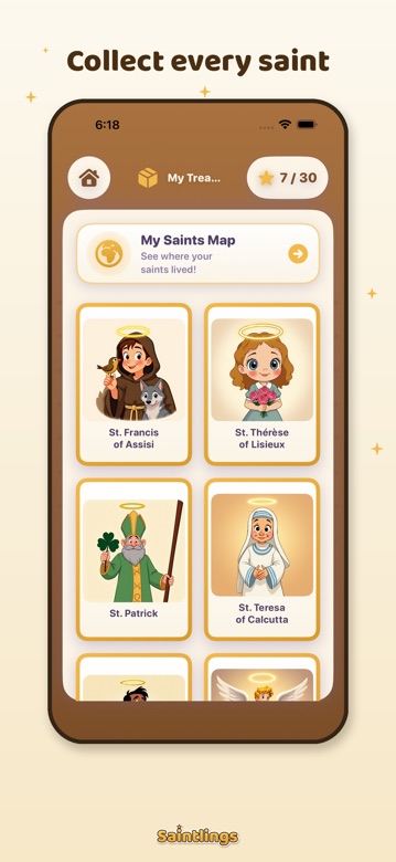 App screen: the Treasure Box of collectible saint cards